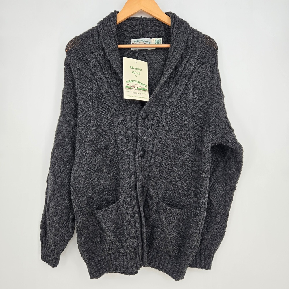 NWT 100% Merino Wool Aran Crafts Cardigan Sweater Mens L Charcoal Gray Cozy